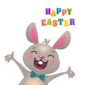 Happy Easter Greeting Card with Bunny and Flying Eggs. Cute Easter Bunny with Colorful Egg ans Carrots. Vector illustration Royalty Free Stock Photo